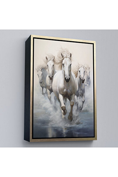 Oxyteez Tablou de cai albi care alergă în apă cu cadru din lemn-8000