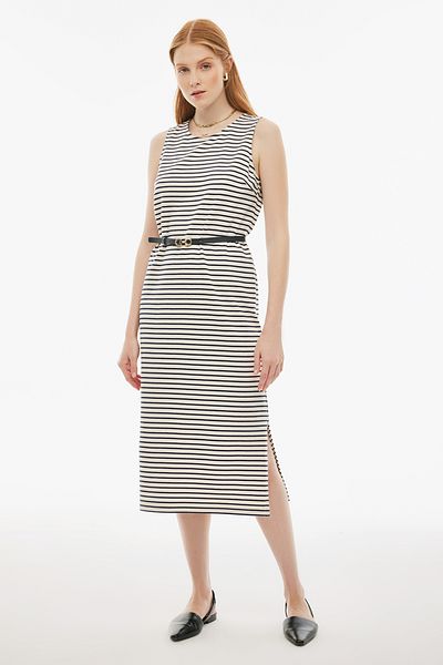 Perspective Carmans Regular Fit Striped Patterned Tea Length Zero Sleeve U Collar Ecru Navy Color Dress