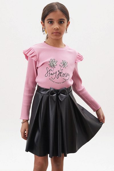 Cansın Mini Pink Floral Printed Girl's Suit with Badi Leather Skirt 18009