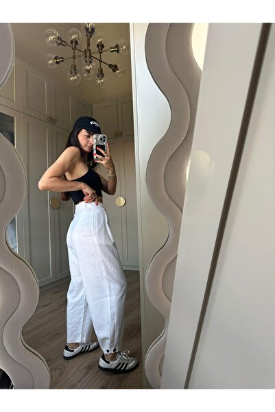Bade Butik Ekru Paçası Düğmeli Keten Pantolon