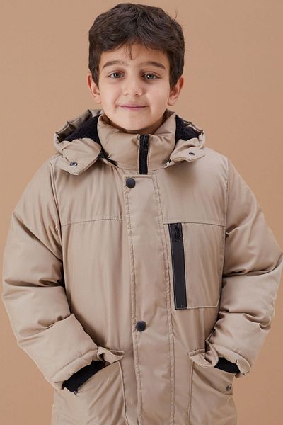 Cansın Mini Boy's Coat - Cream Fur, Hood, Zipper and Chest Pocket 19099