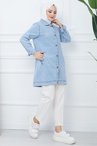 hafsamina Πέτρινο εμπριμέ τζιν μπουφάν μπλε HM2377