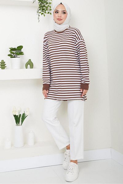 hafsamina Brown Striped Short Tunic - HM2477