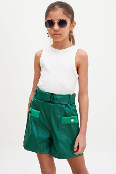 Cansın Mini Green Belted Girl's Leather Shorts with Front Pocket 18220