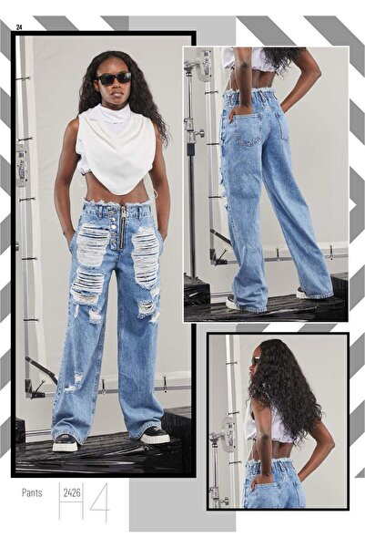 aşkın göksu Mavi Yüksek Bel Içi Şortlu Yıkamalı Kadın Pantolon