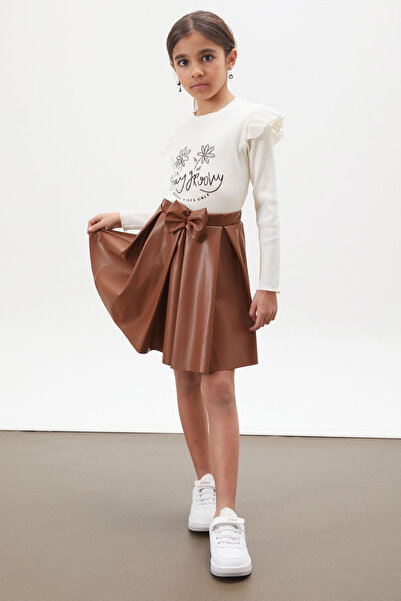 Cansın Mini Ecru Floral Printed Girl's Suit with Badi Leather Skirt 18008