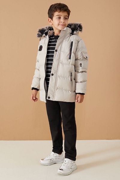Cansın Mini Boy's Fur Hooded Coat - Gray Crest Detail, Zipper Pocket - 19068