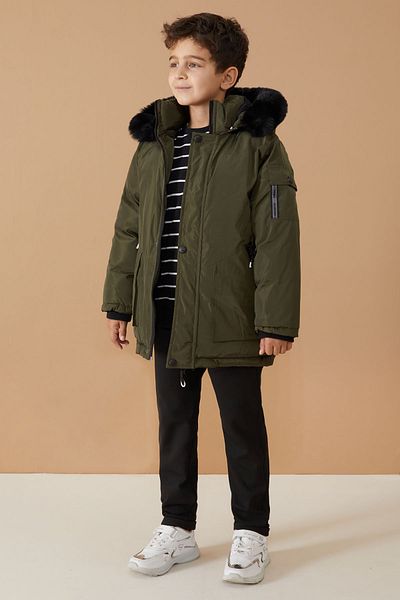 Cansın Mini Boy's Hooded Coat - Khaki, Furry Sleeve and Pocket Detail, 19059