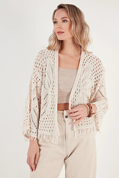 Trade Bazaar Cardigan de tricotaj ajurat cu ciucuri