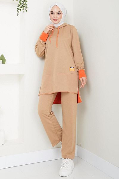 hafsamina Camel Neon Garnished Hooded Tracksuit Set - HM2465