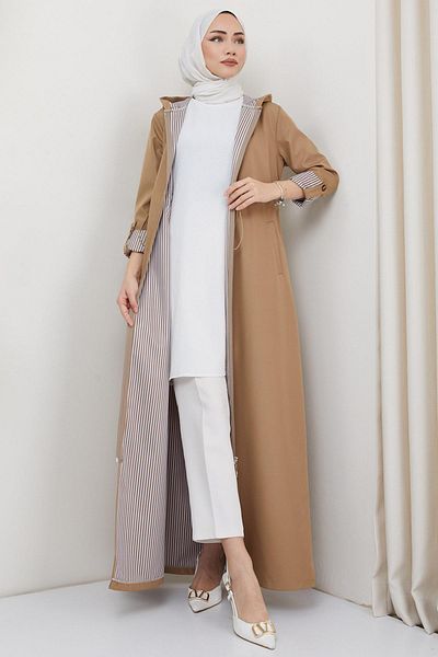 hafsamina Hooded Striped Long Trench Coat Mink HM2332