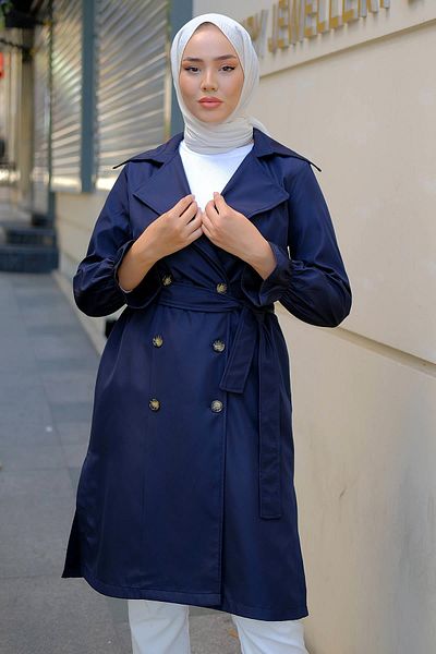 hafsamina Tied Sleeve Gathered Trench Coat Navy Blue HM2274