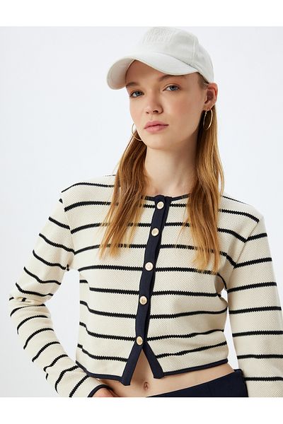 Koton Color Blocked Crop Cardigan - Buttoned, Crew Neck, Long Sleeve