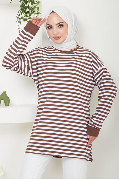 hafsamina Brown Striped Short Tunic - HM2477