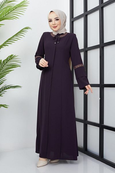 hafsamina Plus Size Embroidered Plum Ferace - Detailed HM22032