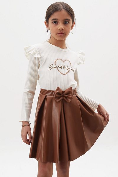 Cansın Mini Ecru Heart Printed Sequined Badi Girl's Leather Skirt Suit 18027