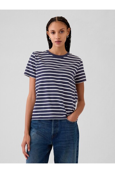 GAP Kadın Lacivert %100 Pamuk Vintage Bisiklet Yaka T-Shirt