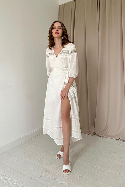 Elbee Fashion Woman Rochie din in cu detaliu din dantela