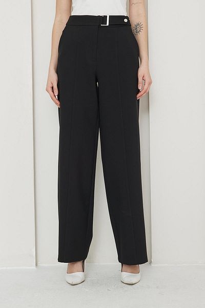 LOVELF Black Wide Leg Trousers - Buckle Detailed