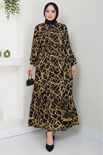hafsamina Geometric Patterned Viscose Dress Yellow HM2401