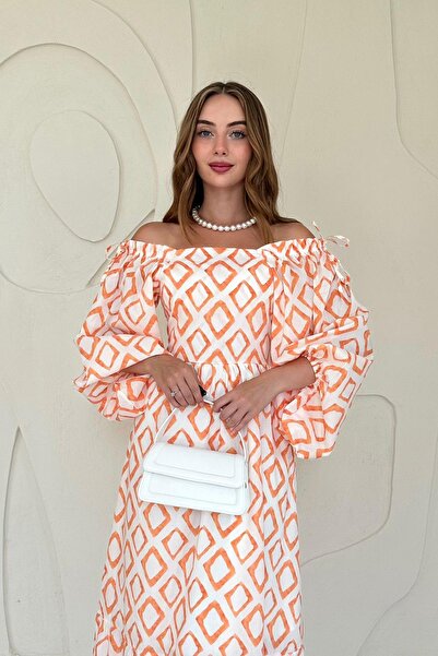 Elbee Fashion Woman Φόρεμα με τετράγωνο γιακά με διαμάντι - Πορτοκαλί 7519