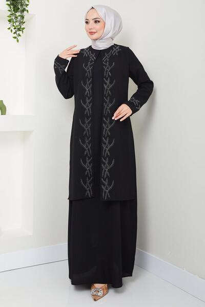 hafsamina Zarif Taş Detaylı Büyük Beden Anne Elbisesi Siyah HM2427