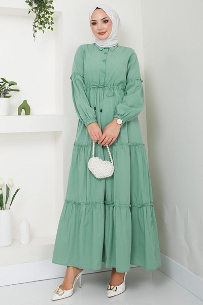 hafsamina Mint Colored Button Detailed Gathered Dress - HM2493