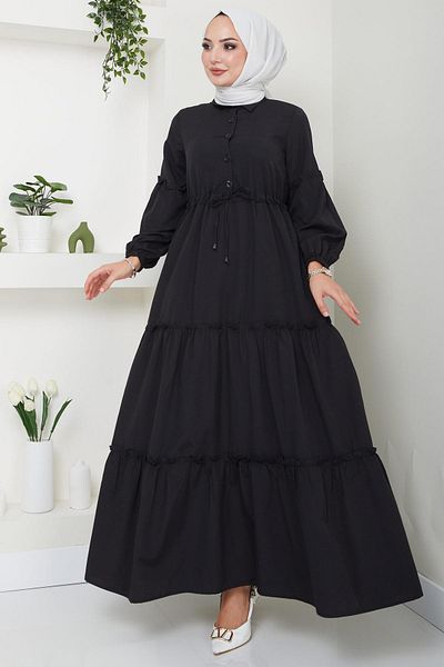hafsamina Black Gathered Dress - Button Detail, HM2493