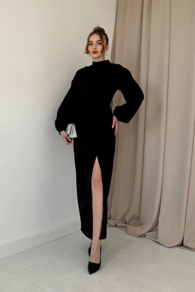 Elbee Fashion Woman Önü Büzgülü Eteği Yırtmaçlı Elbise