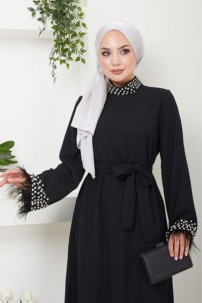hafsamina Black Evening Dress - Stone Detailed HM22464