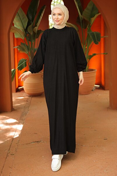 hafsamina Bisiklet Yaka Balon Kol Triko Elbise Siyah HM2518