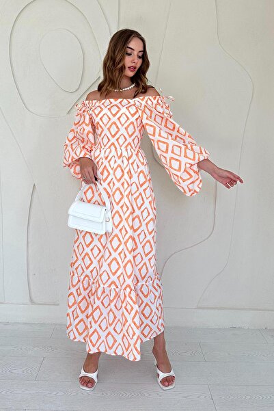 Elbee Fashion Woman Φόρεμα με τετράγωνο γιακά με διαμάντι - Πορτοκαλί 7519