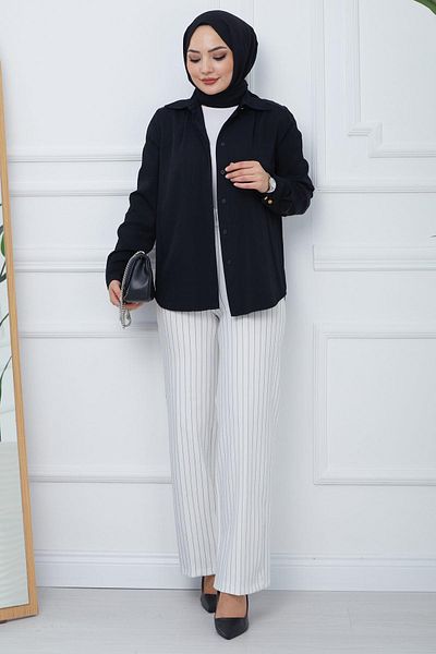 hafsamina White Striped Crepe Trousers - Wide Leg HM2355