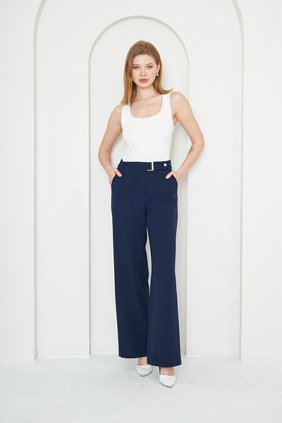 LOVELF Navy Blue Wide Leg Trousers - Buckle Detailed