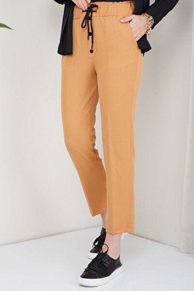 hafsamina Buttoned Lace Fabric Trousers Tan