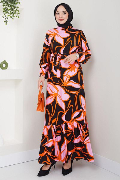 hafsamina Luna Flower Patterned Viscose Dress Black HM2405