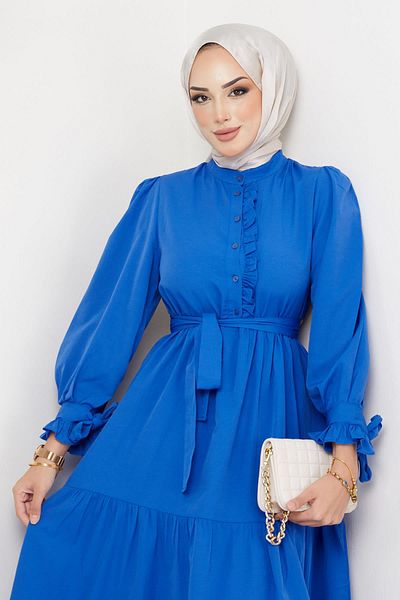 hafsamina Φόρεμα Frilly με δεμένο μανίκι Indigo HM2078