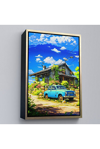 Home Cute House Front Blue Car Painting with Wooden Frame-7688