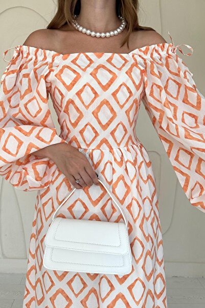 Elbee Fashion Woman Φόρεμα με τετράγωνο γιακά με διαμάντι - Πορτοκαλί 7519