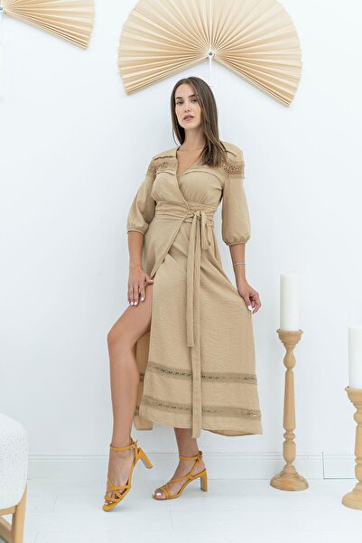 Elbee Fashion Woman Rochie din in cu detaliu din dantela