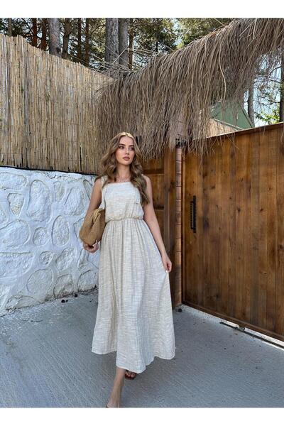 Elbee Fashion Woman Φόρεμα από λινό με λάστιχο στο λουράκι