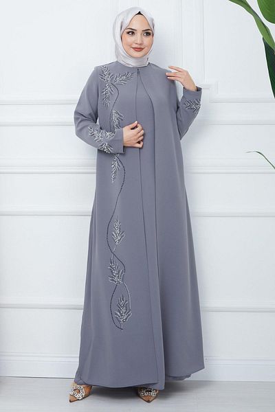 hafsamina Plus Size Leaf Jewelled Mother's Dress Gray HM2350