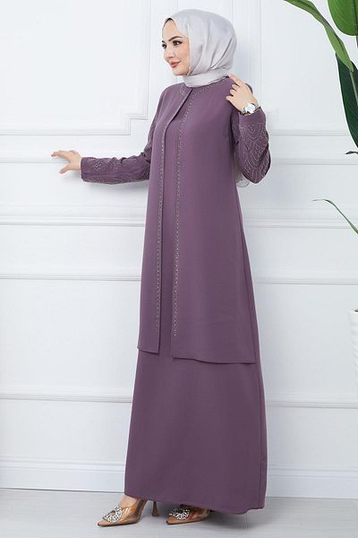 hafsamina Μητρικό φόρεμα Plus Size με κοσμήματα μανίκια, Plum HM2349