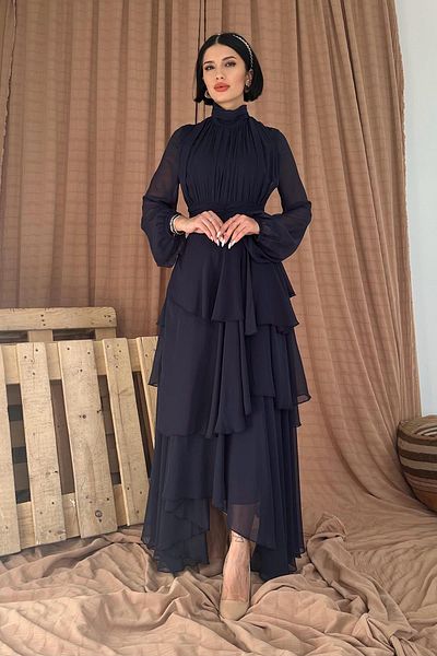 Elbee Fashion Woman Stand Collar Waist Detailed Dress