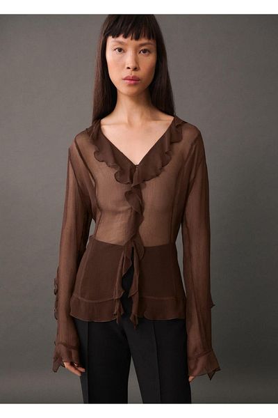 MANGO Woman Полупрозрачна блуза с волани