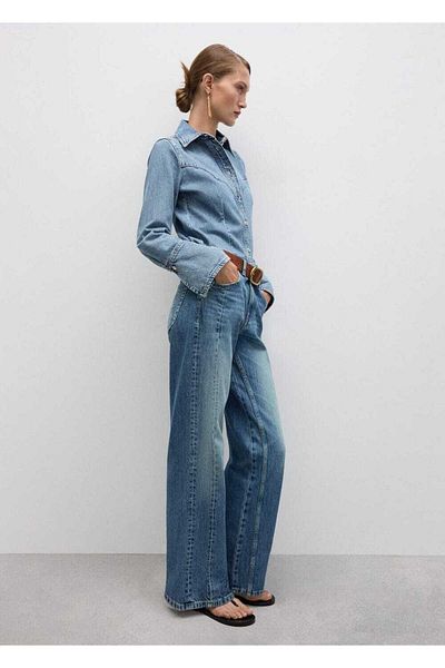 MANGO Woman Pantaloni de jeans decorativi cu cusături drepte