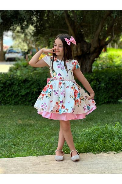 KOKOŞ BEBEK فستان بناتي منقوش من الساتان - هدية بإبزيم