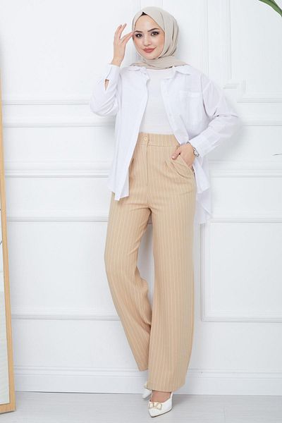 hafsamina Beige Colored Pleated Striped Trousers - HM2354