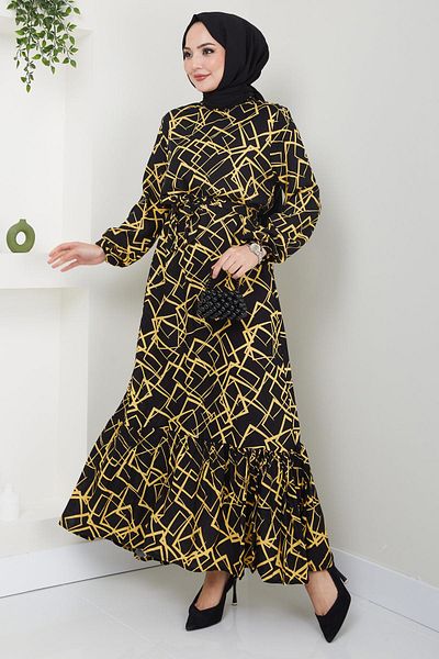 hafsamina Geometric Patterned Viscose Dress Yellow HM2401