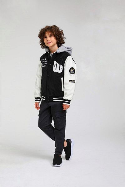 Jack 07-14 Years Old Boy Black-White Colored Hooded College Coat